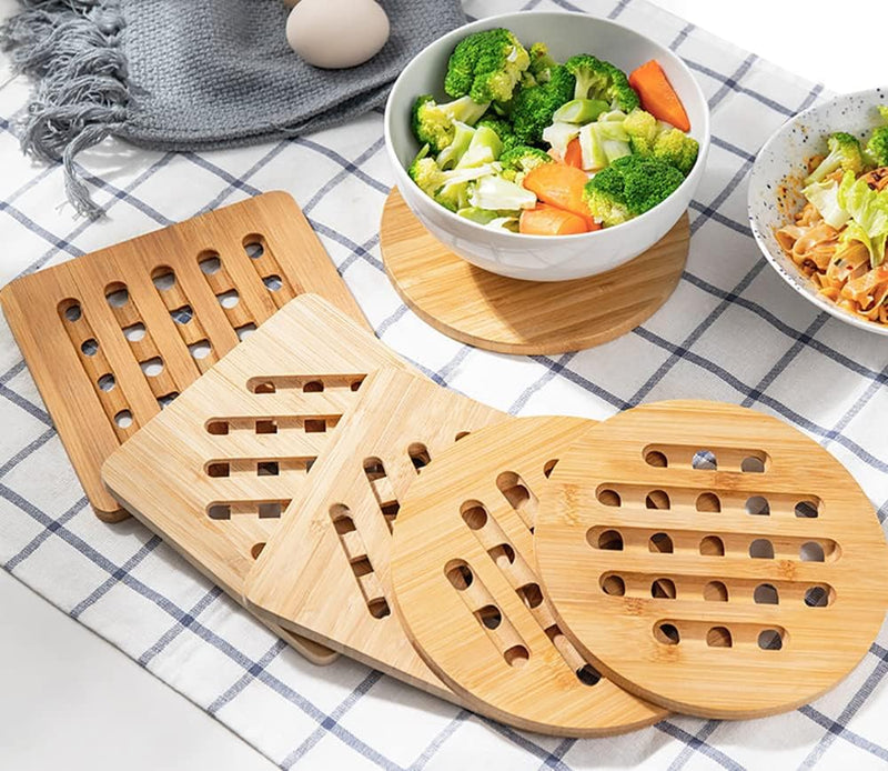 Lawei 8 Pack Bamboo Trivet Mat Set, Kitchen Wood Non-Slip Coaster, Hot Pads Trivet with Non-Slip Pads Heat Resistant Pads, for Hot Dishes Pot Bowl, Teapot, Hot Pot Holders, Square and Round