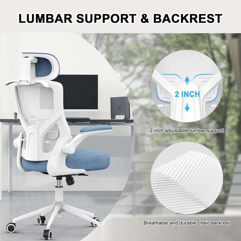 Ergonomic Office Chair, High Back Mesh Desk Chair with Thick Molded Foam Cushion, Coat Hanger, Adjustable Headrest, Lumbar Support, Tilt & Lock Function-Task Chair (Carolina Blue)