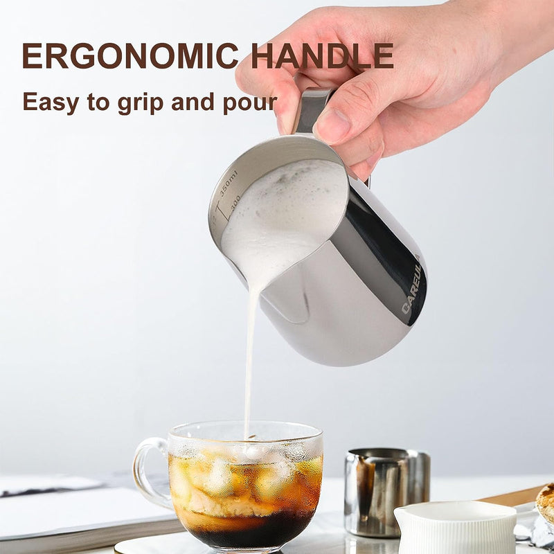 Milk Frothing Pitcher, 12oz Stainless Steel Milk Frother Cup Steaming Pitcher, Coffee Bar Cappuccino Espresso Machine Accessories Barista Tools, Metal Pitcher Milk Jug with Decorating Latte Art Pen