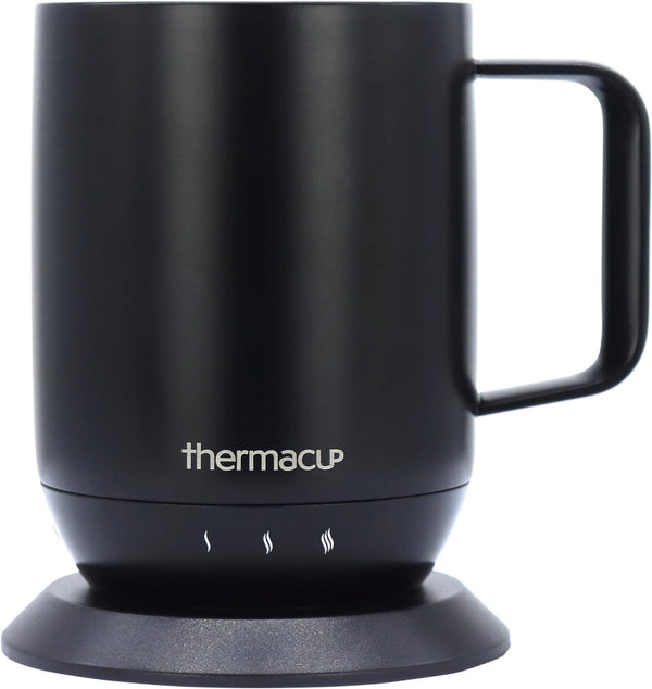 Thermacup Premium Self-Heating Coffee Mug with Lid, Temperature Controlled Led Electric Mug, 3 Custom Heat Settings, Auto Shut Off Feature, Keeps Liquids Warm, Sip Smarter (Midnight Black – 14 oz.)