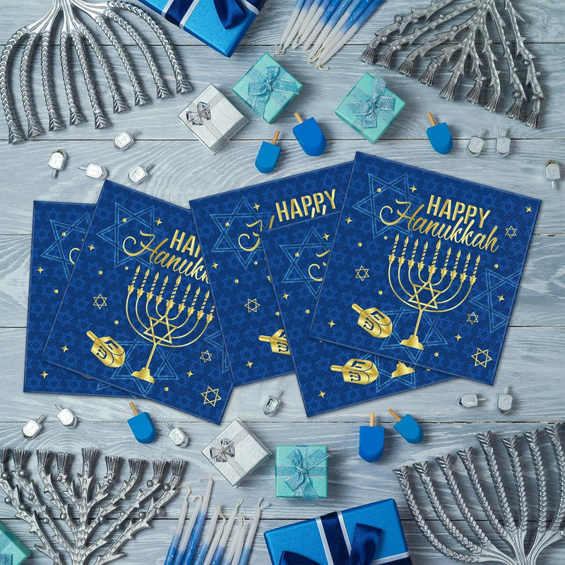 Honoson 100 Pcs Hanukkah Napkins Paper Disposable Cocktail Napkins Luncheon Guest Napkins for Menorah Themed Party Hanukkah Party Supplies Holiday Table Decoration