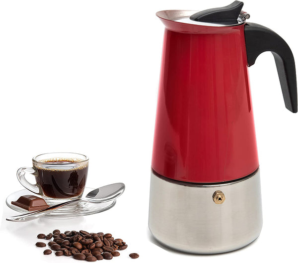 Mixpresso 9 Cup Coffee Maker Stovetop Espresso Coffee Maker, Moka Coffee Pot with Coffee Percolator Design, Stainless Steel stovetop espresso maker, Italian Coffee Maker, Red Coffee Maker