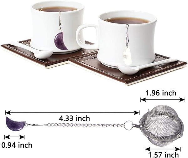 2pcs Tea Infuser, Scdom Stainless Steel Ball Mesh Tea Strainer, Amethyst & White Crystal Moon Pendant Tea Ball Tea Filter with Extended Chain Hook for Brew Fine Loose Tea and Spices & Seasonings