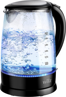 Willz Electric Glass Kettle with Heat Resistant Handle and Cordless Pour, Quick Boil & Auto Shut-Off Technology, Blue Boil Light, 1.7L, 1500 W, Black