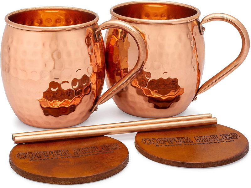 Copper Mules Moscow Mule Copper Mugs Set of 2 Hand Hammered - Classic Riveted Handles – The Finest Moscow Mule Mugs - Holds 16oz each