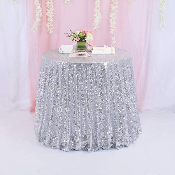 Sparkly Silver Sequin Tablecloth - 72 Round - WeddingCelebration Decor