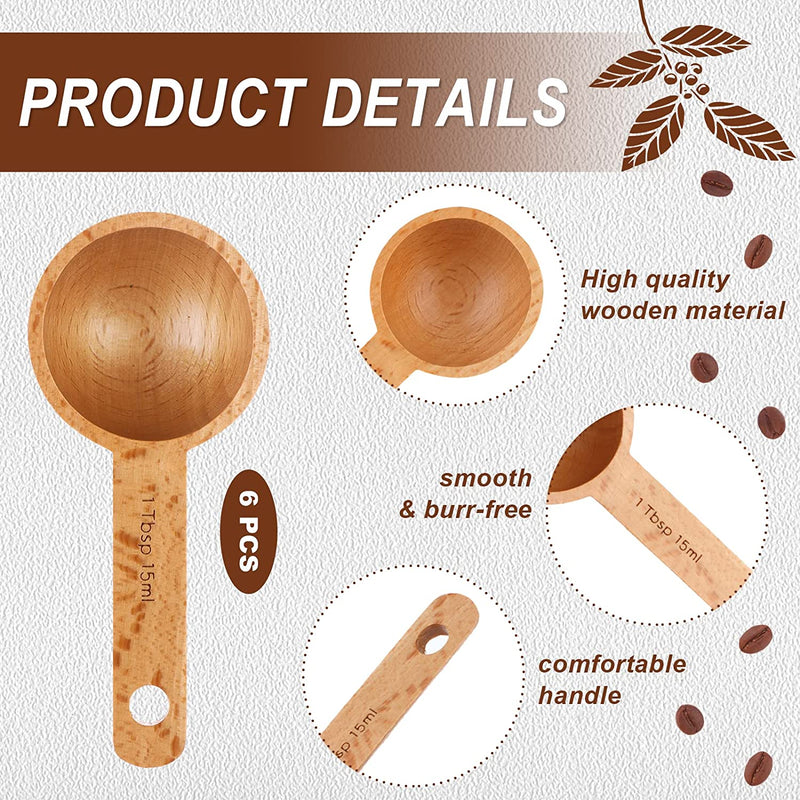 6 Pieces Wooden Coffee Spoon in Beech Coffee Scoop Measuring Scoop for Coffee Beans Wood Table Spoon for Whole Beans Ground Beans or Tea, Home Kitchen Accessories, 15 ml