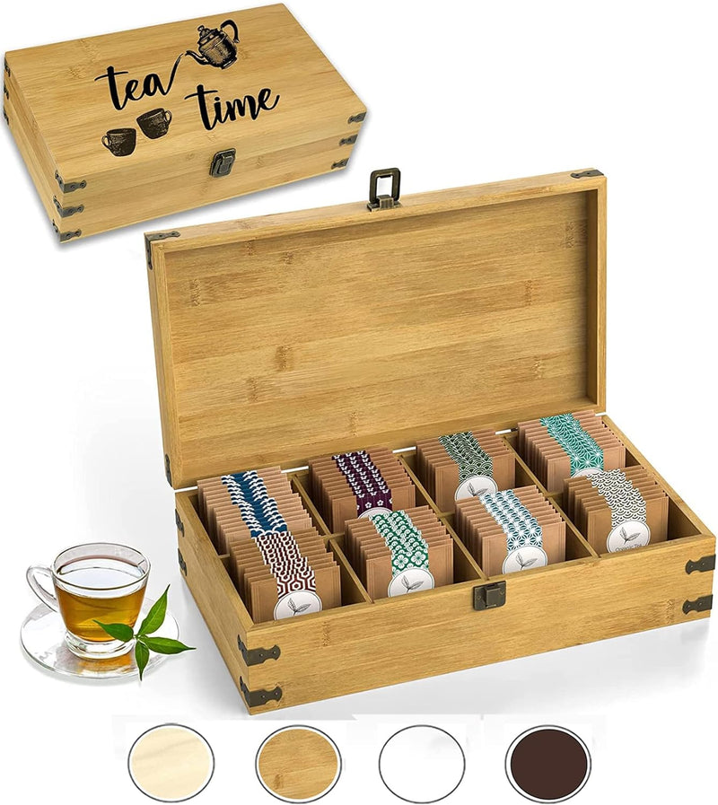 Zen Earth Inspired Bamboo Tea Organizer Box Chemical Free Eco-Friendly Big, Tall, Adjustable Cubbies Natural Wooden Storage Chest (6-Slot 11" x 8.1" x 4.2" with TEA print design)