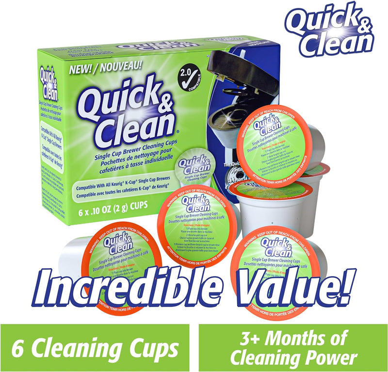 Quick & Clean [6-Pack] Keurig Cleaning Pods - K Cup Cleaner Pod For Keurig - 2.0 Coffee Machine Compatible, Removes Stains, Non-Toxic and Eco-Friendly - Descaler/Descaling Solution