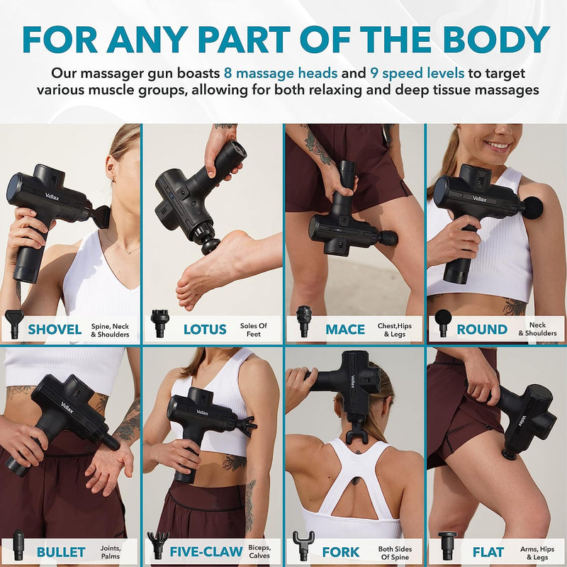 Vellax Massage Gun Deep Tissue, Muscle Massager - Powerful Percussion, Handheld, Re-charchable Battery 5200 Mah, Neck, Back & Full Body Relief, Portable - Matte Black