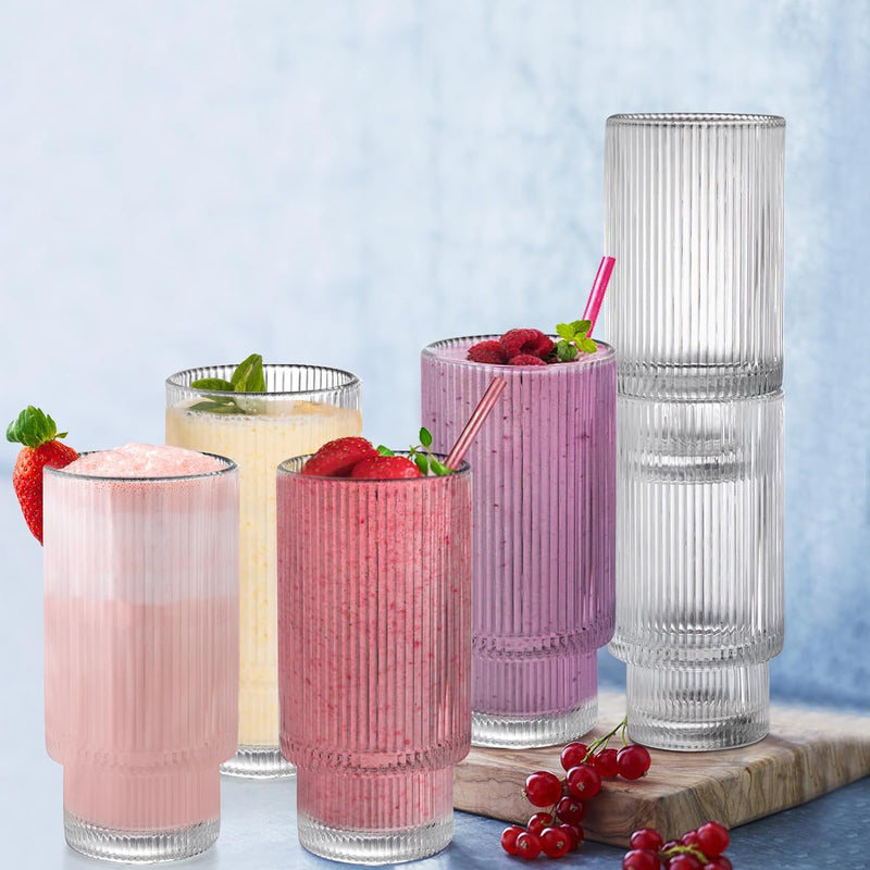 DEAYOU 6 Pack Ribbed Drinking Glass, 10 OZ Vintage Highball Glass Cup, Stackable Clear Glassware, Crystal Thick Collins Tumbler with Heavy Base for Cocktail, Water, Hot or Cold Drink, Origami Style