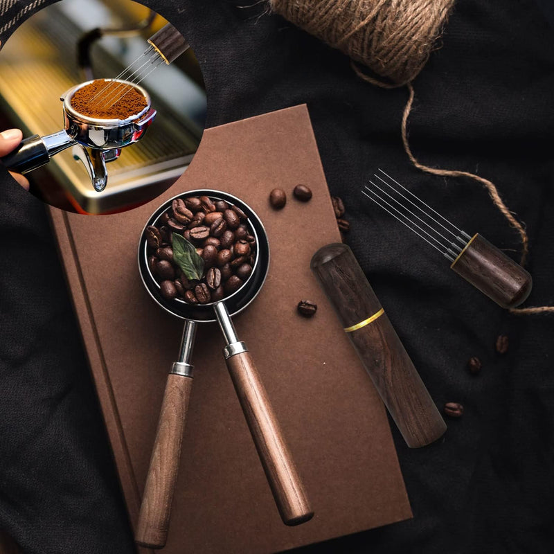 Zolunu Espresso Coffee Stirrer 5 Needles 0.4mm Espresso Distribution Tools, Natural Wood Handle and Stand (Walnut)