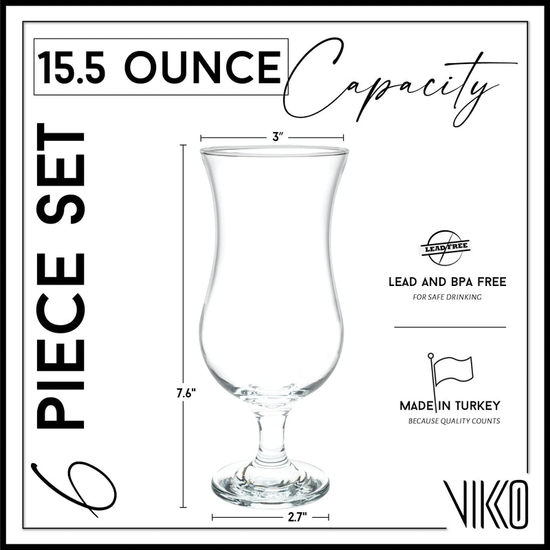 Vikko Hurricane Glasses, Set of 6 Pina Colada Glasses, 15.5 Ounce Cocktails Glasses Set, Durable Dishwasher Safe Party Glass