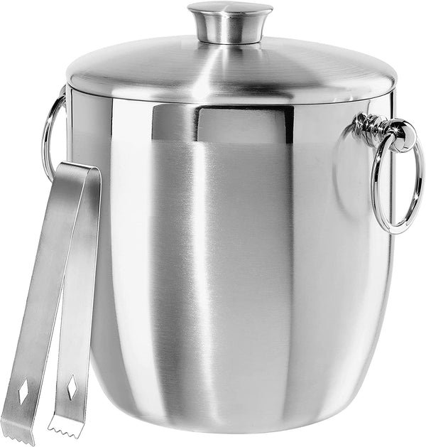 OGGI Double Wall Stainless Steel Ice Bucket - Insulated Ice Bucket with Elegant Steel Lid, Classic Handles & Stainless Steel Ice Tongs - Great for Home Bar, Chilling Beer, Champagne and Wine - 3 qt