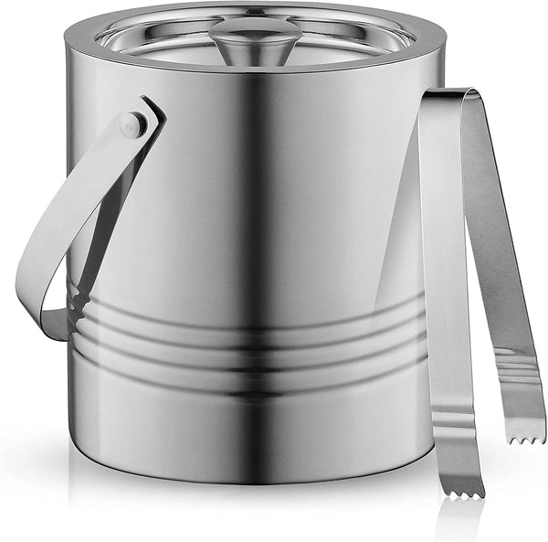 JoyJolt Metal Double Wall Ice Bucket with Lid, Ice Tongs and Strainer. 3L Insulated Ice Bucket for Cocktail Bar, Wine, Home Bar Accessories, Parties, Champagne Bucket. Stainless Steel Ice Buckets