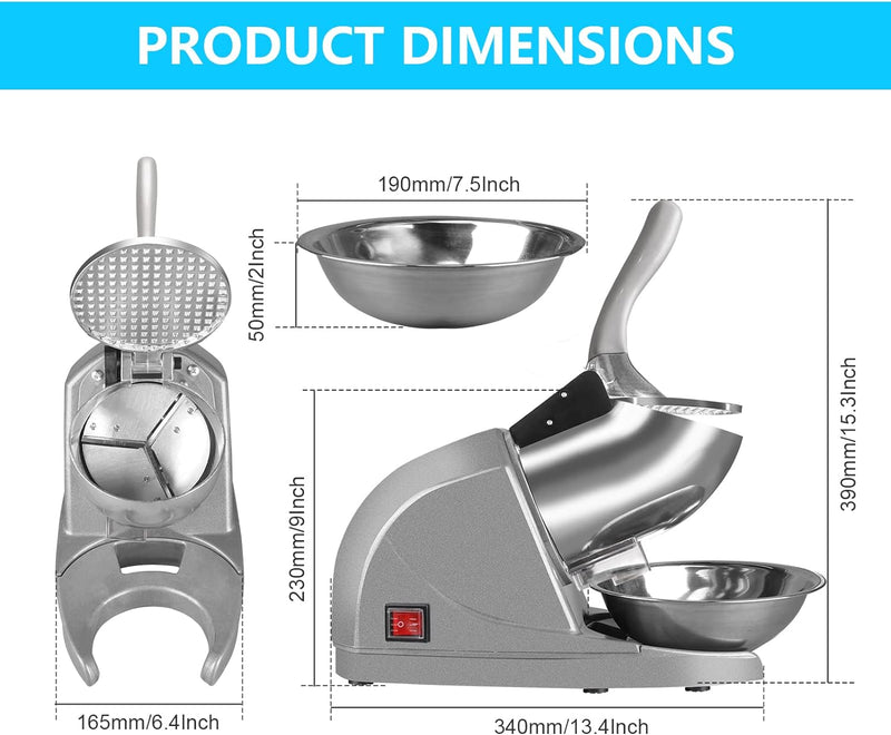 BI-DTOOL Electric Ice Crusher Triple Blades Ice Crusher Shaver 286lbs/hr Stainless Steel Shaved Ice Machine 380W Snow Cone Machine 1500 RPM Ice Shaving Machine Commercial And Domestic Silver