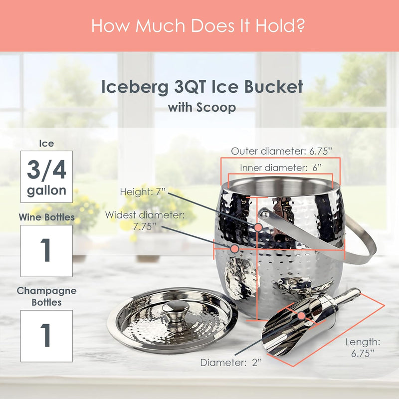 BREKX 3QT Insulated Ice Bucket with Lid and Scoop for Parties - Iceberg Anchored Wine Chiller/Champagne Bucket for Cocktail Bar, Metal Bucket with Lid, Ice Bin to Chill Ice with Small Scoop