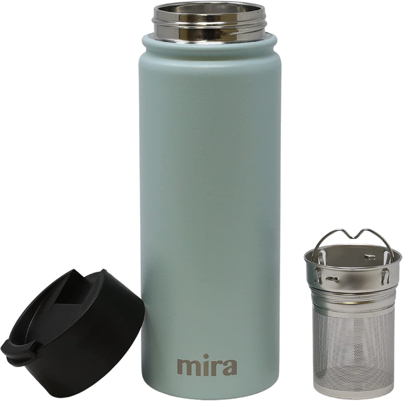 MIRA Stainless Steel Insulated Tea Infuser Bottle for Loose Tea - Thermos Travel Mug with Removable Tea Infuser Strainer-18 oz, Pearl Blue