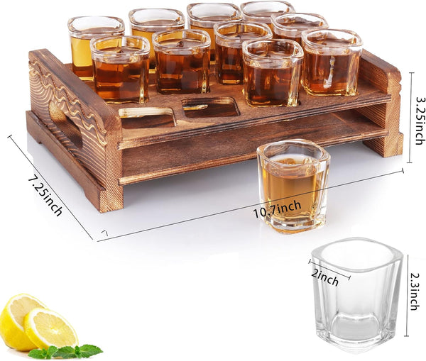 Vivimee Shot Glass Holder Set with 12 Clear 2.3 oz Square Crystal Shot Glasses & Rustic Burnt Wood Serving Tray for Whiskey, Tequila, Liqueurs, Party & Collection