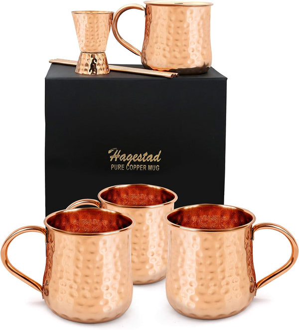 Moscow Mule Cups Set of 4. Copper Mugs Made from Pure Hammered Copper. Mule Mug Kit with Copper Shot Glass and Straws - 16oz