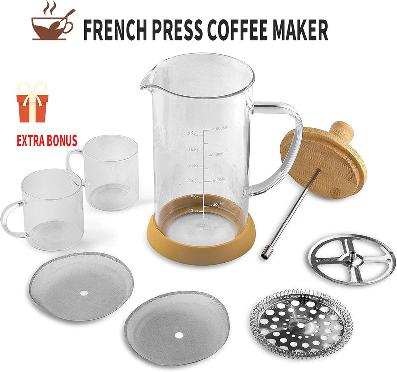 wedrink French Press Coffee Maker 34 oz, Double Filters Bamboo French Press, Thicken Heat-Resistant Borosilicate Glass Press Coffee Maker with 2 Glasses Cup