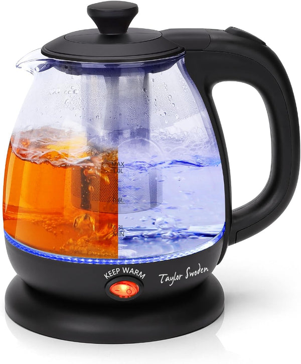 Taylor Swoden Electric Kettle with Tea Infuser, Small Electric Tea Kettle with Keep Warm Function for Home and Office, Black