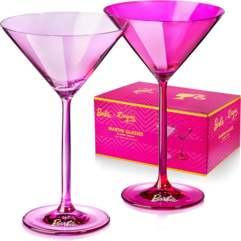 Dragon Glassware x Barbie Martini Glasses, Pink and Magenta Crystal Glass, As Seen in Barbie The Movie, Large Cosmopolitan and Cocktail Barware, 8 oz Capacity, Set of 2