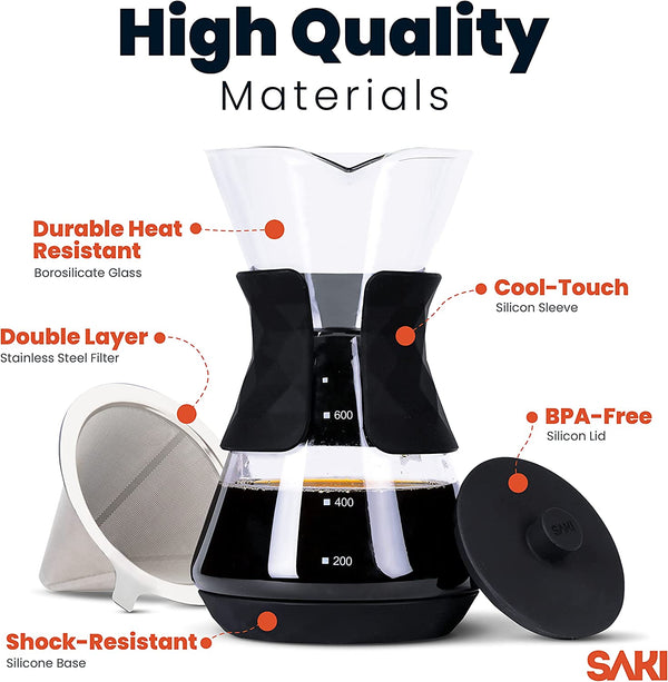 SAKI Pour Over Coffee Maker with Double Layer Stainless Steel Filter, Silicone Lid, Coffee Dripper Brewer, Heat Resistant Borosilicate Pour Over Carafe, 24 Ounce