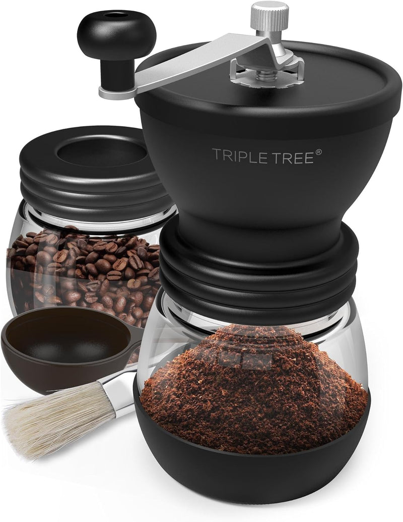 Manual Coffee Grinder with Ceramic Burrs, Hand Coffee Mill with Two Glass Jars(11oz each), Brush and Tablespoon Scoop