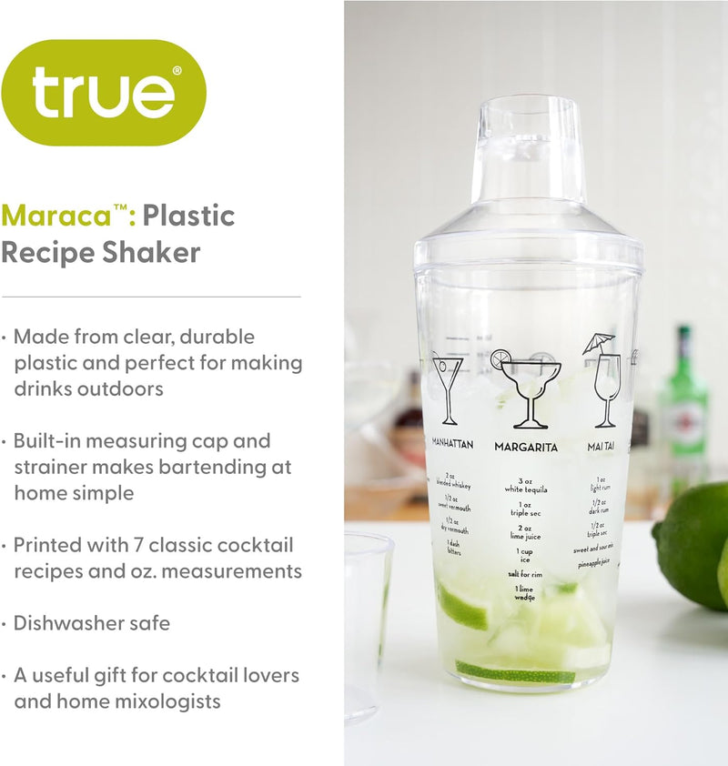 True Maraca Cocktail Recipe Shaker with Cap and Built In Strainer, 7 Drink Recipes with Measurements, Home Bar Accessories, Drink Mixer Handheld Bar Set, 16 oz.