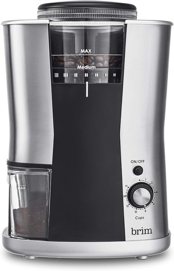 BRIM Conical Burr Coffee Grinder, Uniformly Grinds Beans for 1-17 Cups of Coffee, Features Removable Bean Container, 17 Precise Grind Size Settings, and Convenient Auto Shut Off, Stainless Steel/Black