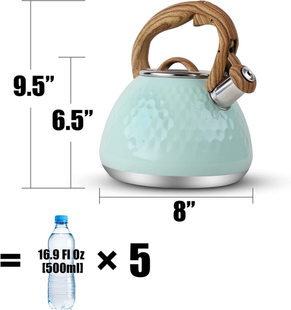 Tea Kettle, Toptier Teapot Whistling Kettle with Wood Pattern Handle Loud Whistle, Food Grade Stainless Steel Tea Pot for Stovetops Induction Diamond Design Water Kettle, 2.7-Quart Light Green