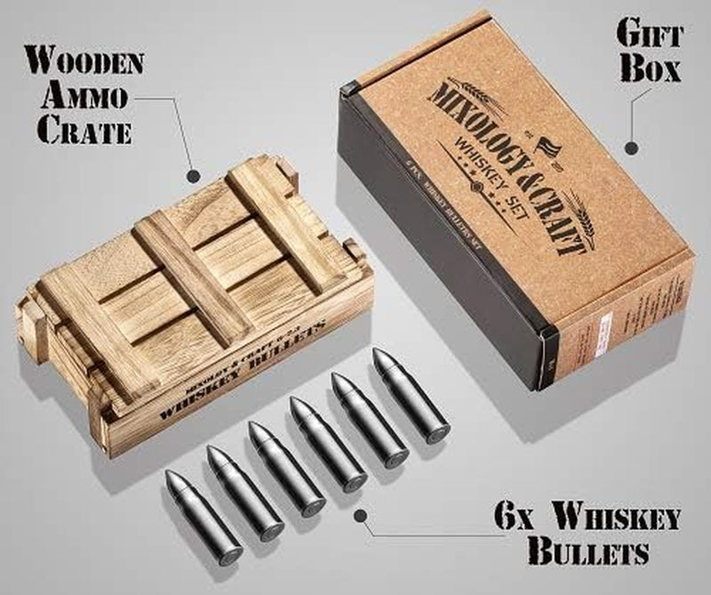 Whiskey Stone Gift Set - Stainless Steel Whiskey Stones in a Wooden Army Crate | Reusable Ice Cube for Whiskey | Whiskey Gift Set for Men, Dad, Husband, Boyfriend (Silver)