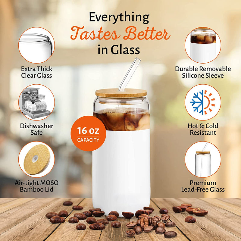 Glass Cups With Bamboo Lids and Straws - 4 pc 16oz can shaped glass bottle with silicone sleeve - Cute Reusable drinking tumbler set for iced coffee, espresso, beer, smoothie and juices mHomeAid