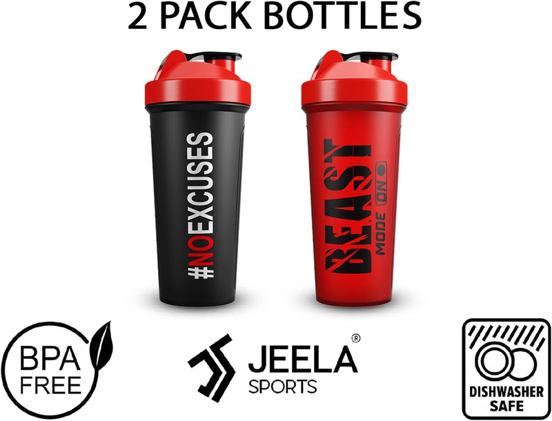 JEELA SPORTS - 2 PACK Protein Shaker Bottles for Protein Mixes With Shake Ball - 24 Oz, Dishwasher Safe Blender Shaker Bottles, Shaker Cup for Protein Shakes for Pre & Post Workout- Gifts, Gym