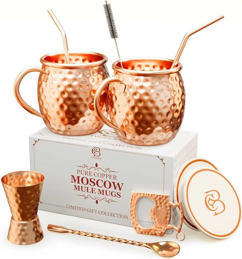 copper-bar Moscow Mule Copper Mugs | Set of 2 Hammered Cups | 100% HANDCRAFTED Pure Solid Copper | Gift Set With Cocktail Straws | Shot Glass | Coasters | Copper Stirrer & Beer opener