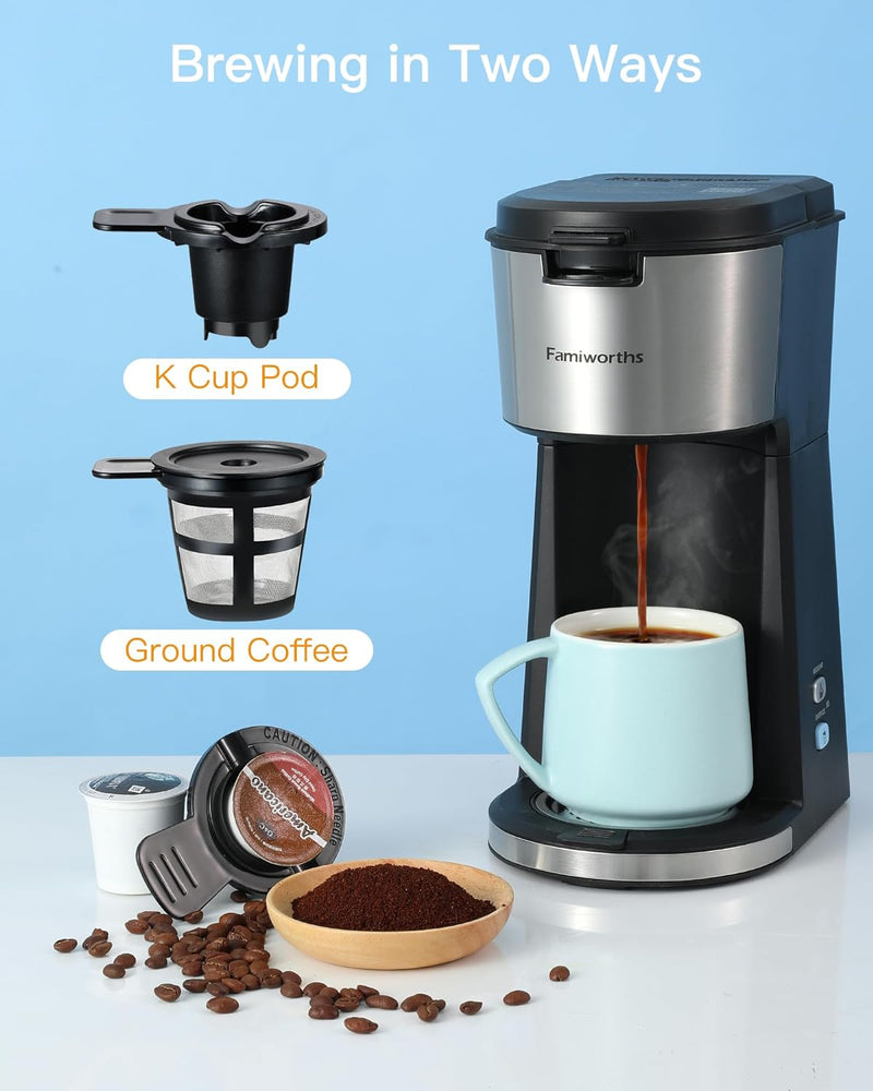 Famiworths Iced Coffee Maker with Milk Frother, Hot and Cold Single Serve Coffee Maker for K Cup Pod and Ground, Compact Coffee Machine 2 in 1 with Descaling Reminder and Self Cleaning