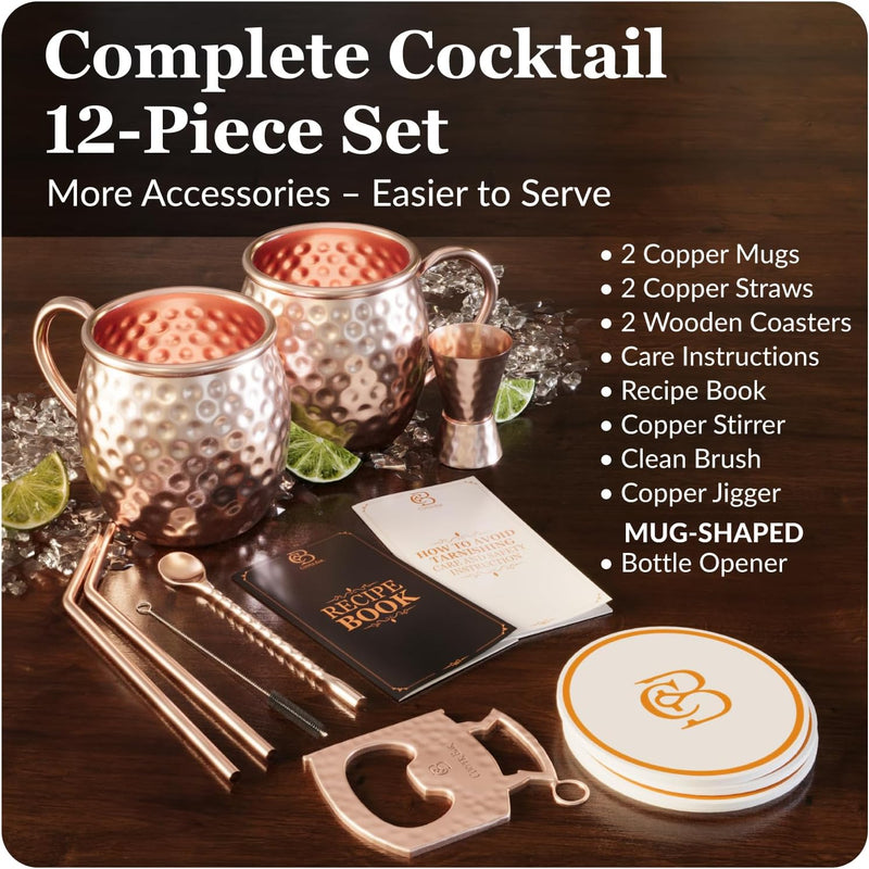 copper-bar Moscow Mule Copper Mugs | Set of 2 Hammered Cups | 100% HANDCRAFTED Pure Solid Copper | Gift Set With Cocktail Straws | Shot Glass | Coasters | Copper Stirrer & Beer opener