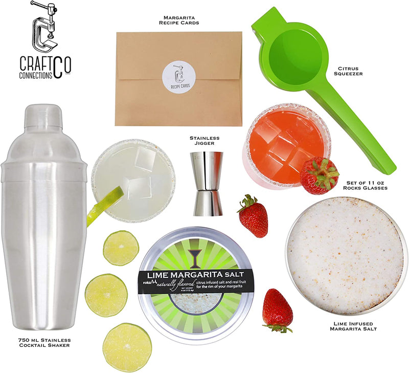 Margarita Cocktail Kit - Set of Rocks Glasses | Stainless Cocktail Shaker & Jigger | Citrus Squeezer | Rokz Lime Infused Margarita Salt | Recipe Cards. The Perfect Margarita Kit Gift Set!