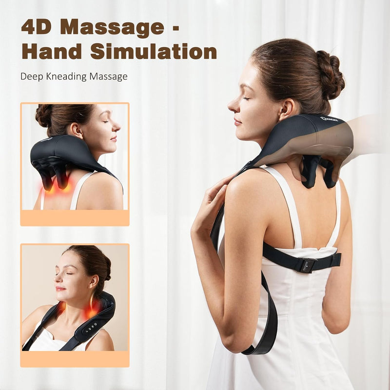 Neck Massager with Heat, Cordless 4D Deep Tissue Kneading Massage, Shiatsu Neck and Shoulder Massage Pillow for Neck, Traps, Back and Leg Pain Relief, Gifts for Men Women