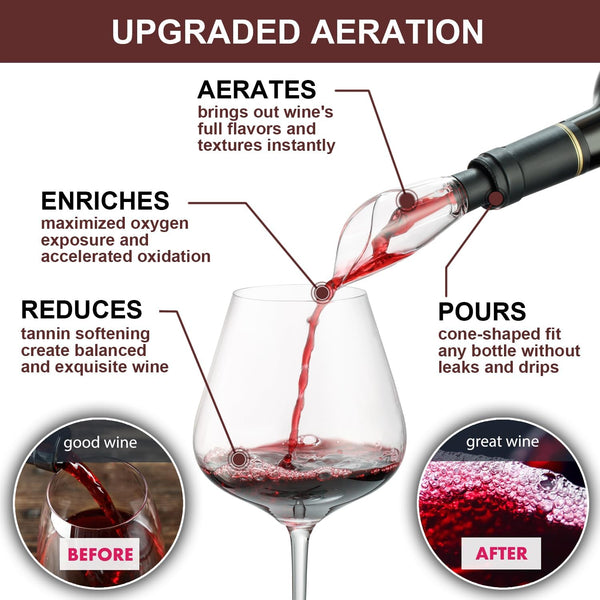 STEETURE Wine Aerator Pourer Spout and Wine Stopper Vacuum Pump, Wine Decanter with Aerator Improved Flavor Enhanced Bouquet Bubbles, Bottle Corks Saver Sealer No Drip No Spill