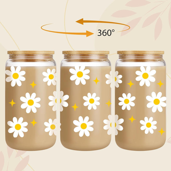 GSPY Daisy Iced Coffee Cup, 16oz Glass Cups with Lids and Straws, Daisy Gifts for Women - Flower Mug Aesthetic Glass Tumbler, Cute Mugs for Women - Christmas Gifts for Coffee Lovers
