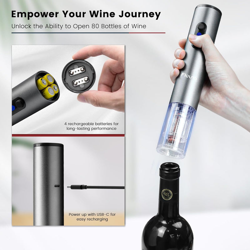 Flauno Electric Wine Opener Rechargeable - Automatic Wine Bottle Opener, Electric Corkscrew Wine Opener with Foil Cutter, Vacuum Wine Stopper, Wine Aerator Pourer, USB C Charger, Wine Gift Set