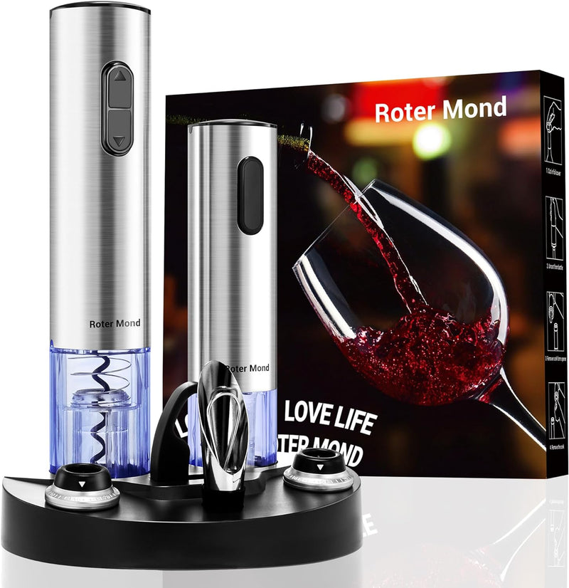 Electric Wine Opener Set, Roter Mond Automatic Wine Bottle Opener set with Electric Wine Decanter Aerator Wine Foil Cutter 2 Vacuum Stoppers, 5-in-1 Wine Gift for Home Party Thanksgiving Christmas