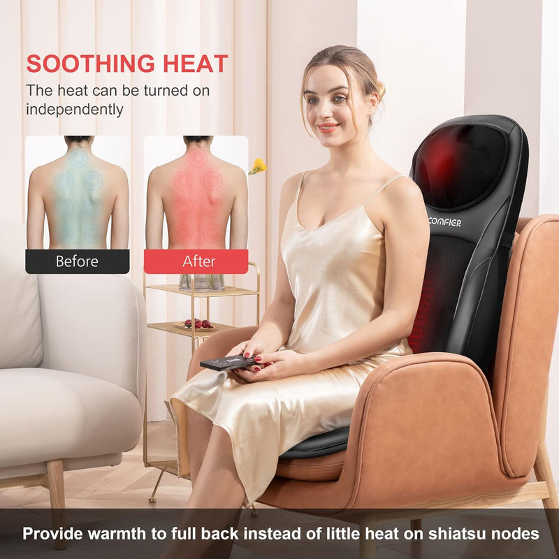 COMFIER Massage Chair Pad with Heat,Shiatsu Neck and Back Massager with Height Adjustable,Unique Back Support Chair Massager for Pain Relief, Gifts for Mom and Dad