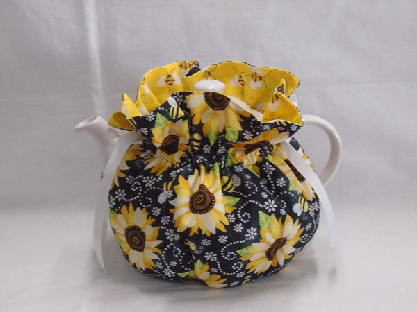 Pretty Sunflowers & Bubble Bees on Black 6 Cup Reversible Tea Pot Cozy