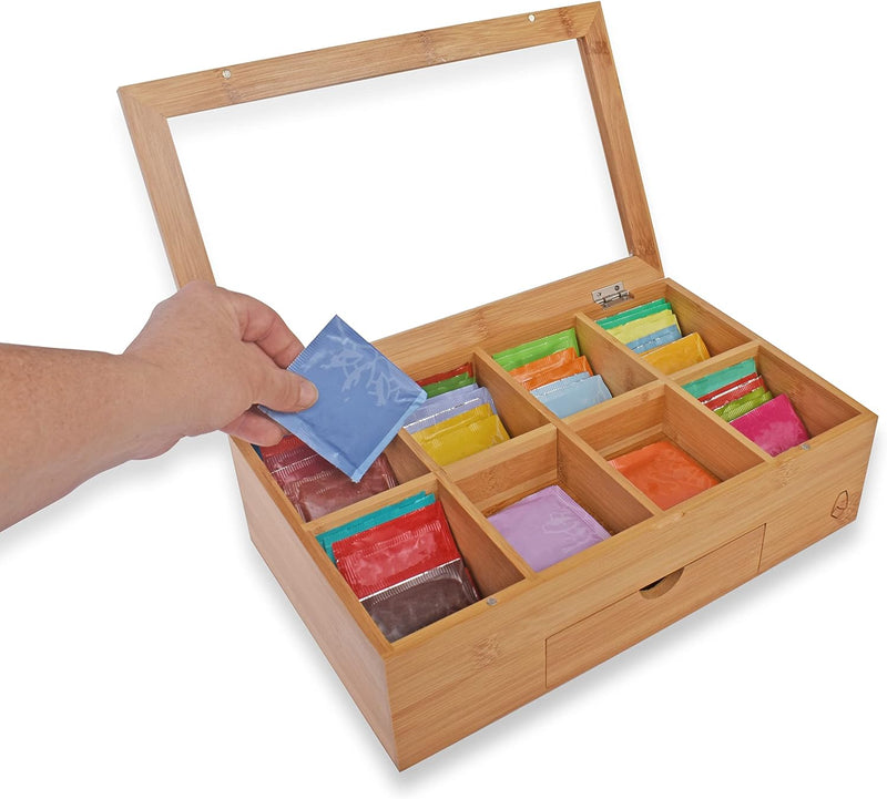 JAIG Products Tea Box - Bag Storage Holder Organizer - Bamboo Wood Chest Container - Has 8 Compartments -Comes with Drawer - Complete with Bamboo Spoon