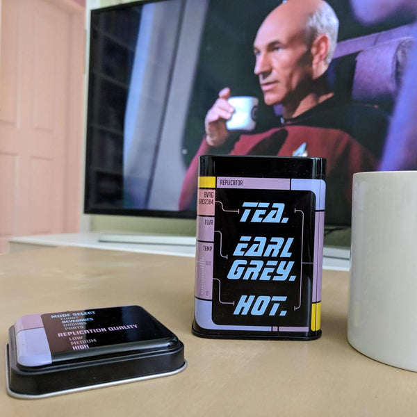 getDigital Tea Tin, Tea. Earl Grey. Hot. - Metal caddy with lid for loose leaf tea storage - Shows the replicator interface from a classic Sci-Fi TV Show - Capacity 17 fl oz