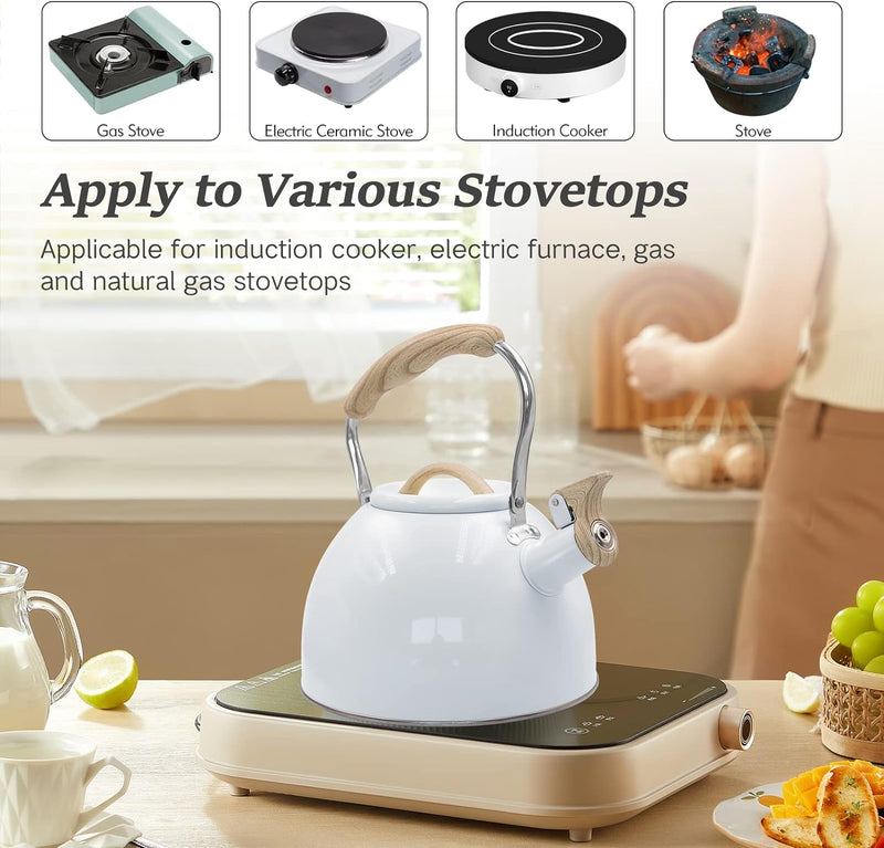 Awvlvwa Whistling Stovetop Tea Kettle, 2.6 Quart/3.0 Liter Stainless Steel, Food Grade Tea Pot for Stove Top, Tea Pot with Anti-Heat Handle, Anti-Rust, Suitable for All Heat Sources (Pure White)