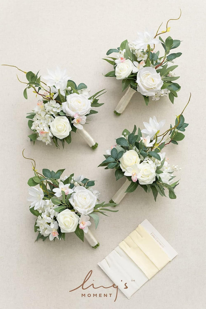 Lings Moment 7 Lavender  Cream Artificial Flowers Bridesmaid Bouquets for Wedding - Set of 4